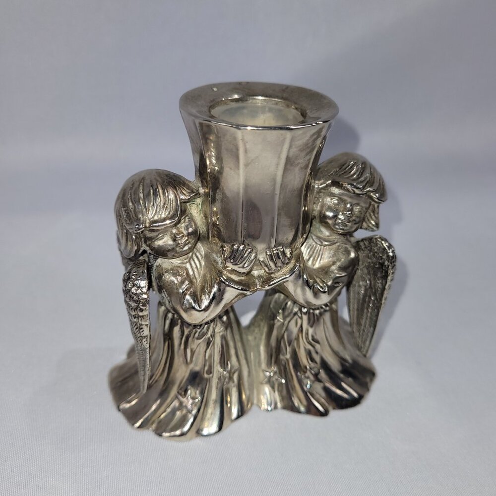 Candle Holder Silver Plate Zinc Two Angels Candle Holder Metal Candlestick